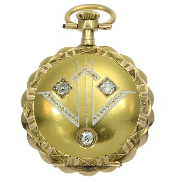 Ladies gold pocket watch a so-called enameled hunter case with old cut diamonds